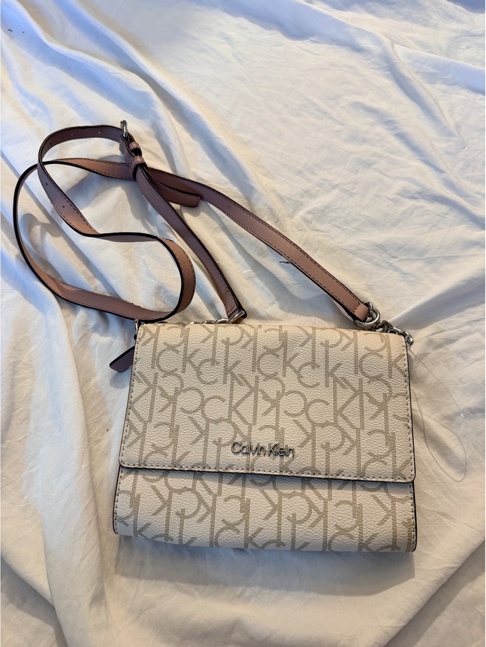 Calvin Klein Beige and Pink Crossbody Bag with Adjustable Strap